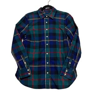 Talbots Classic Cotton Plaid Button Up Shirt Womens XS Preppy India Ink Blue